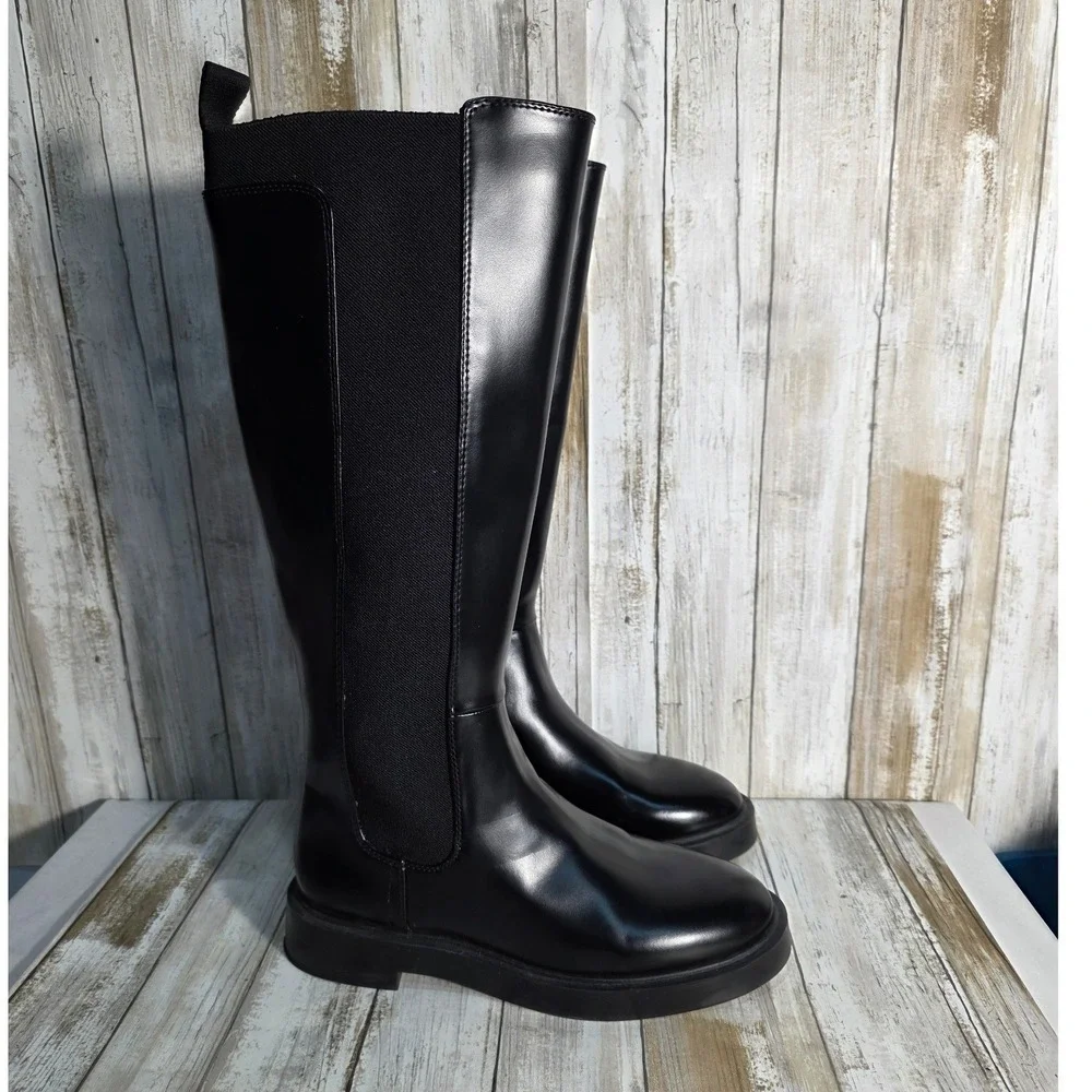 H&M Black Faux Leather Knee High Boots Chunky Sole Elastic Panel Size 38
